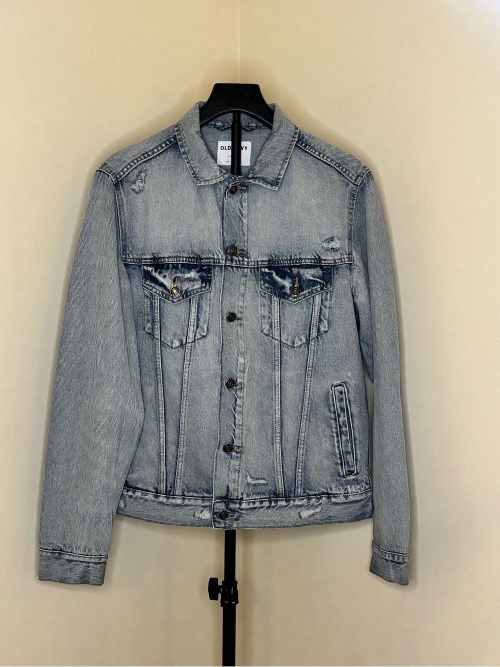 Old Navy Men's Light Wash Distressed Denim Jacket | Classic Trucker Jean Coat - Picture 3 of 7